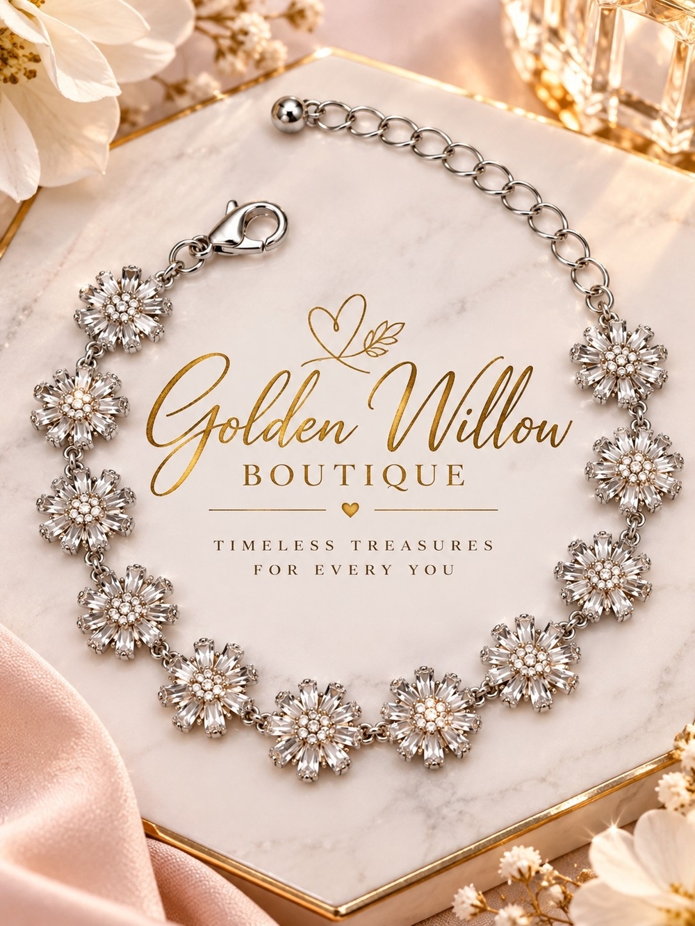 Silver Floral Crystal Bracelet